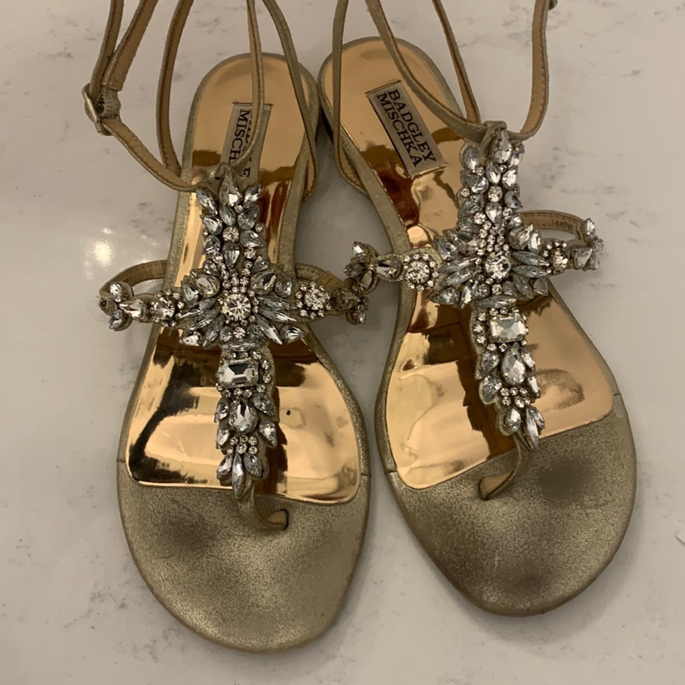 Badgley Mischka Gold and Crystal Flat Sandals (8)